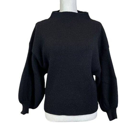 Line + Dot Wide High Neck Puff Sleeve Ribbed Knit Sweater Black Size Medium - Picture 1 of 7